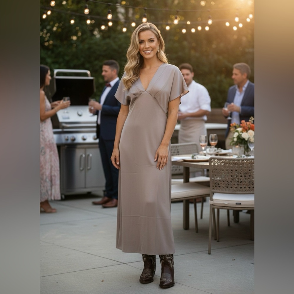 V-Neck Midi Flutter Dress in Taupe Satin NEW/NEVER WORN